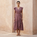 Light Maroon Yarn-Dyed Cotton Ruffle Midi Wrap Dress