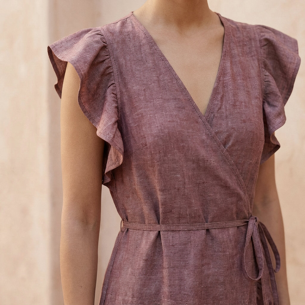 Light Maroon Yarn-Dyed Cotton Ruffle Midi Wrap Dress