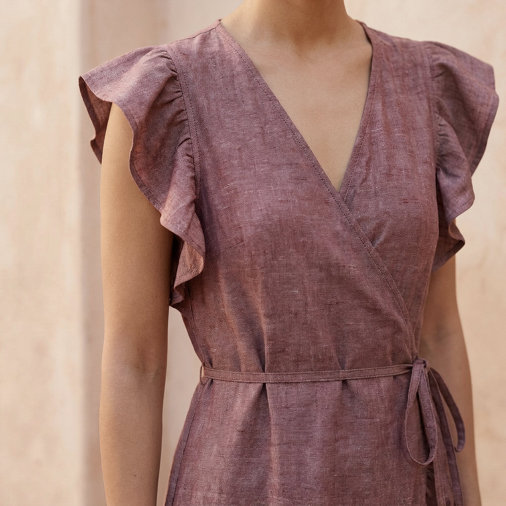 Light Maroon Yarn-Dyed Cotton Ruffle Midi Wrap Dress