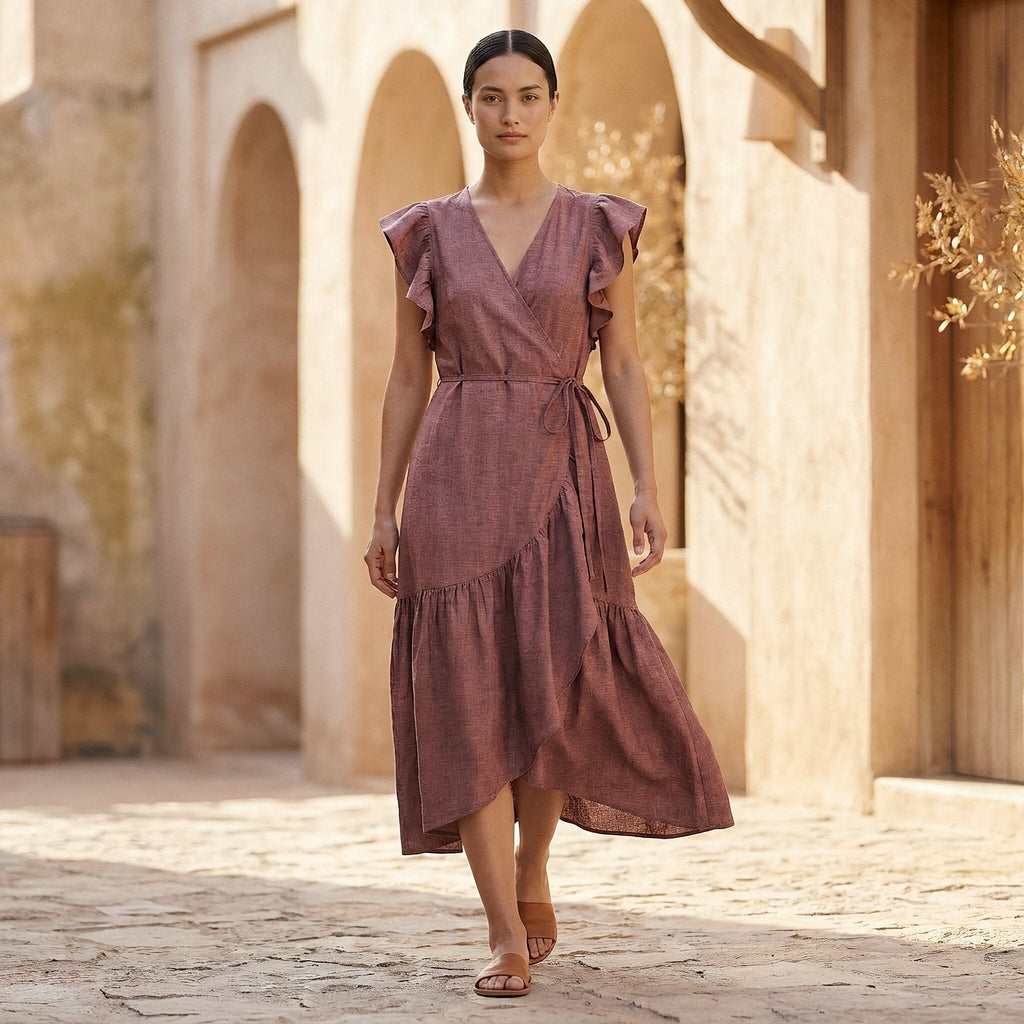 Light Maroon Yarn-Dyed Cotton Ruffle Midi Wrap Dress