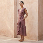 Light Maroon Yarn-Dyed Cotton Ruffle Midi Wrap Dress