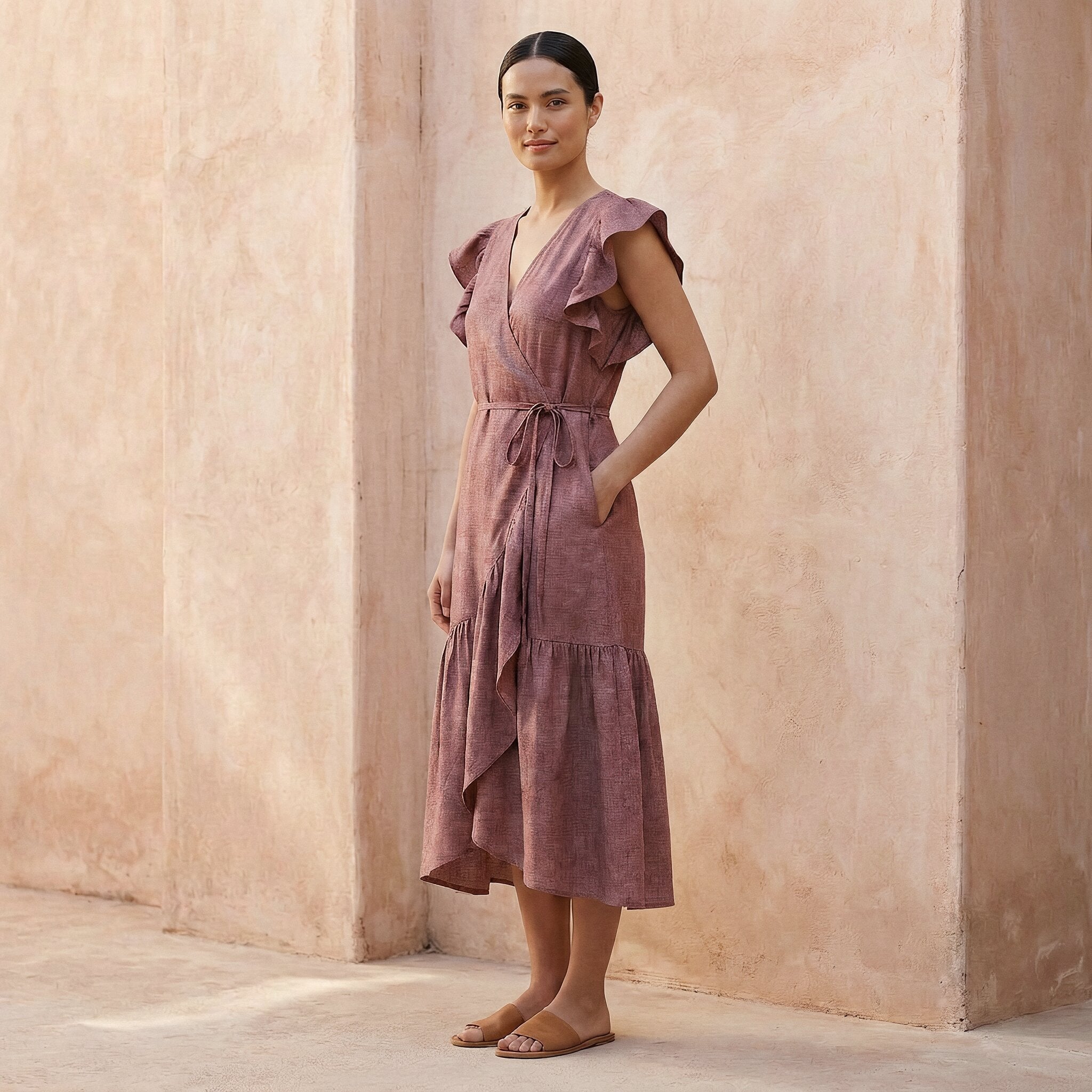 Light Maroon Yarn-Dyed Cotton Ruffle Midi Wrap Dress