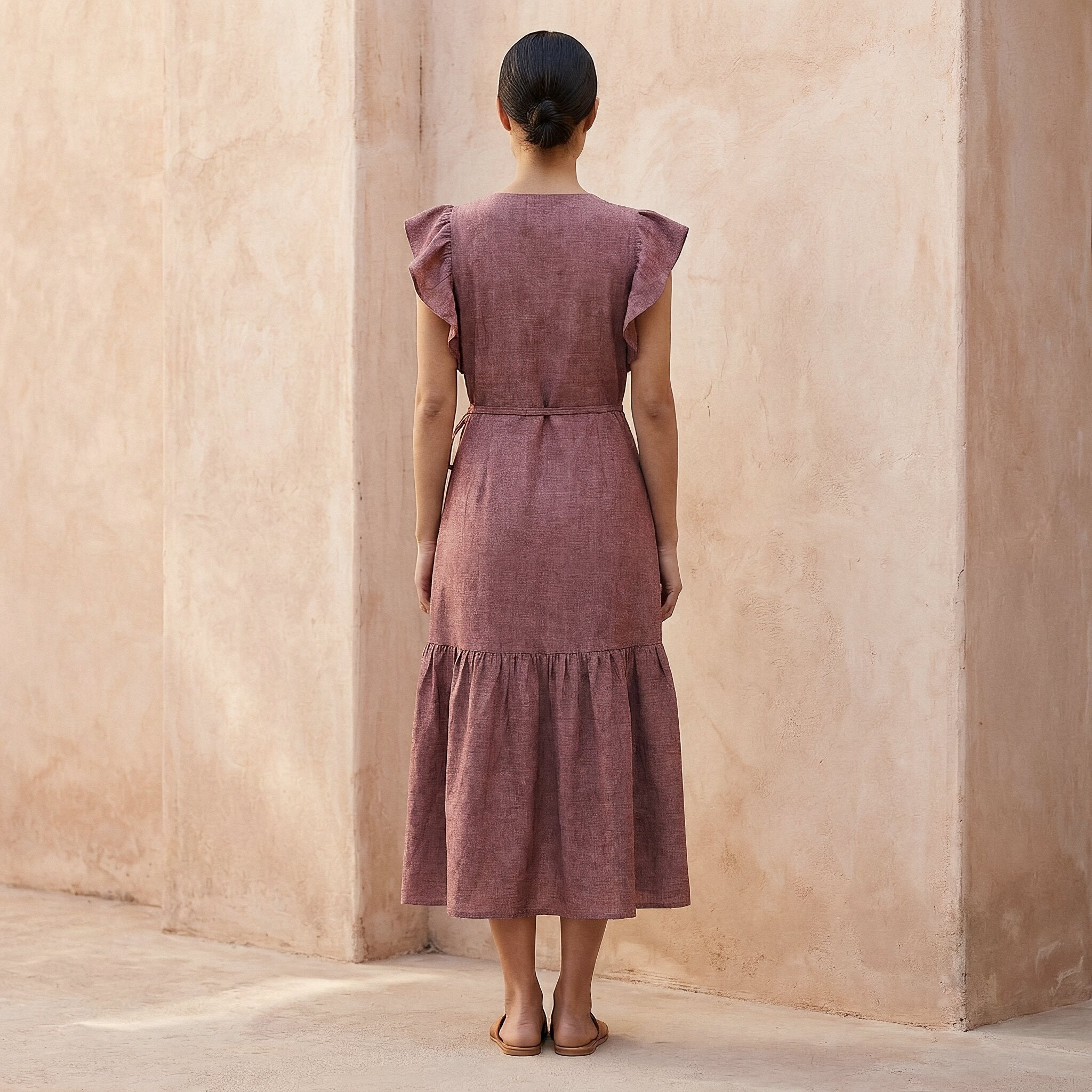 Light Maroon Yarn-Dyed Cotton Ruffle Midi Wrap Dress