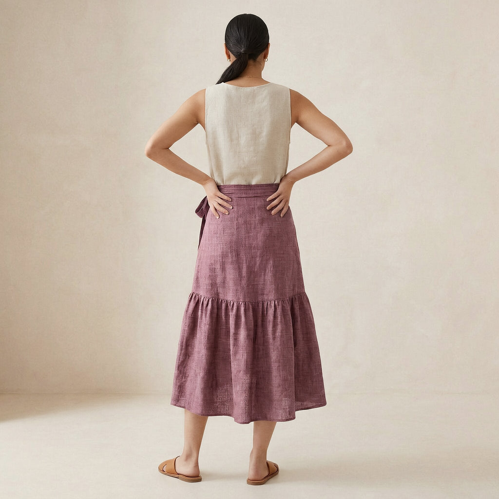 Light Maroon Yarn-Dyed Cotton Ruffle Midi Wrap Skirt