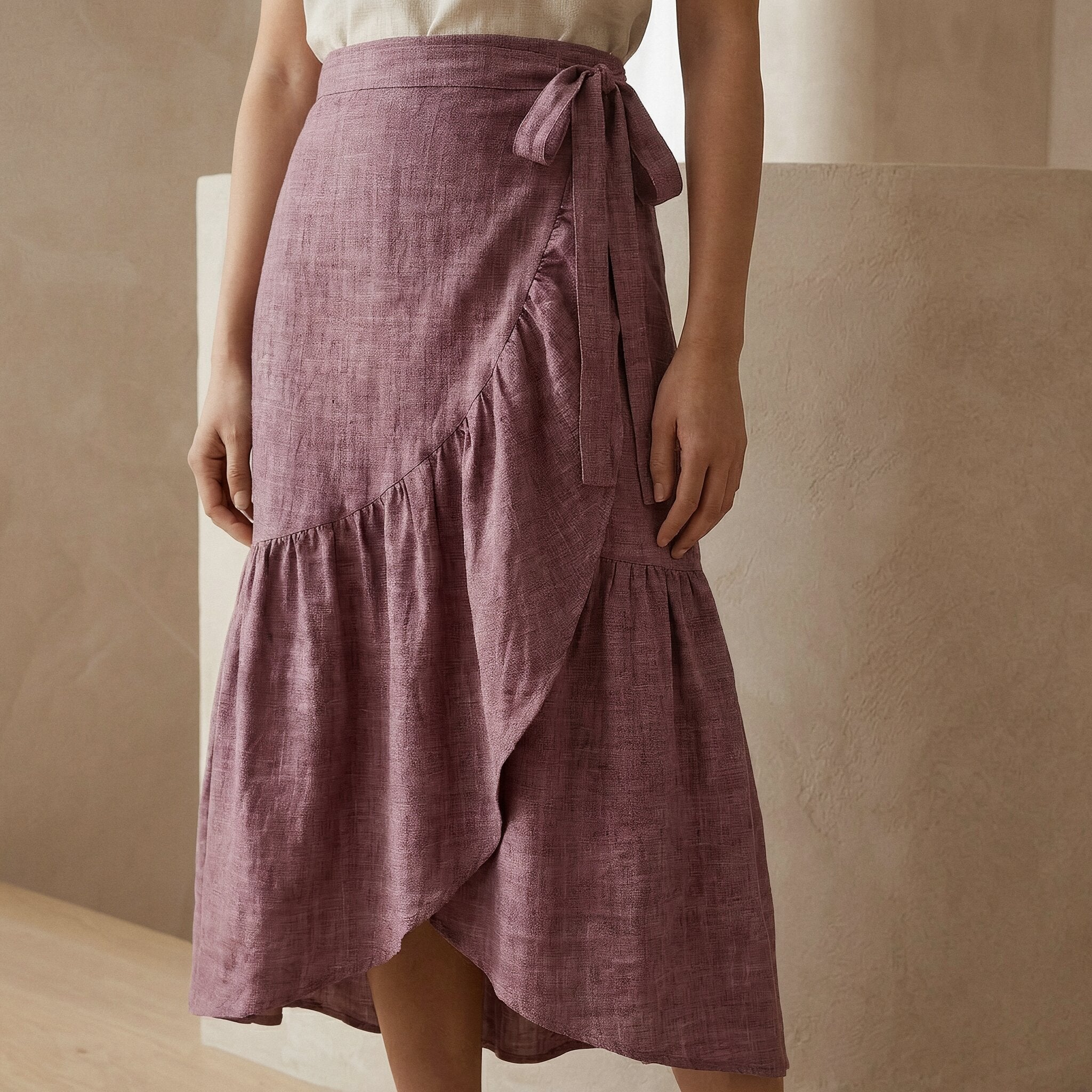 Light Maroon Yarn-Dyed Cotton Ruffle Midi Wrap Skirt