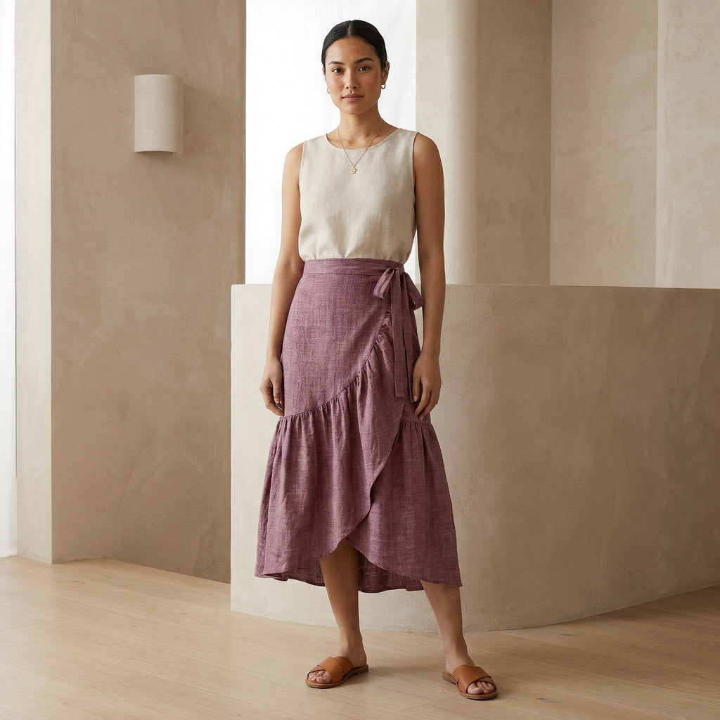 Light Maroon Yarn-Dyed Cotton Ruffle Midi Wrap Skirt