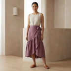Light Maroon Yarn-Dyed Cotton Ruffle Midi Wrap Skirt