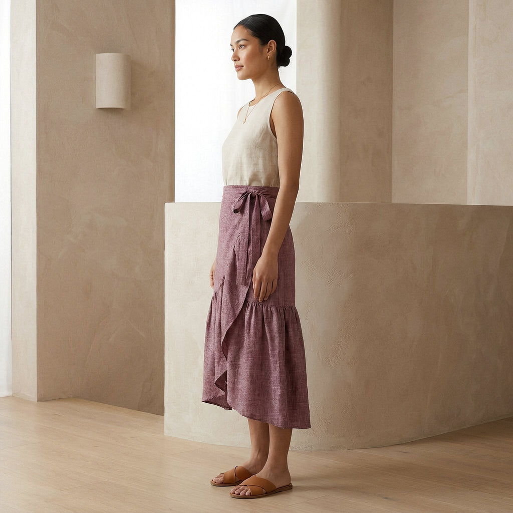 Light Maroon Yarn-Dyed Cotton Ruffle Midi Wrap Skirt