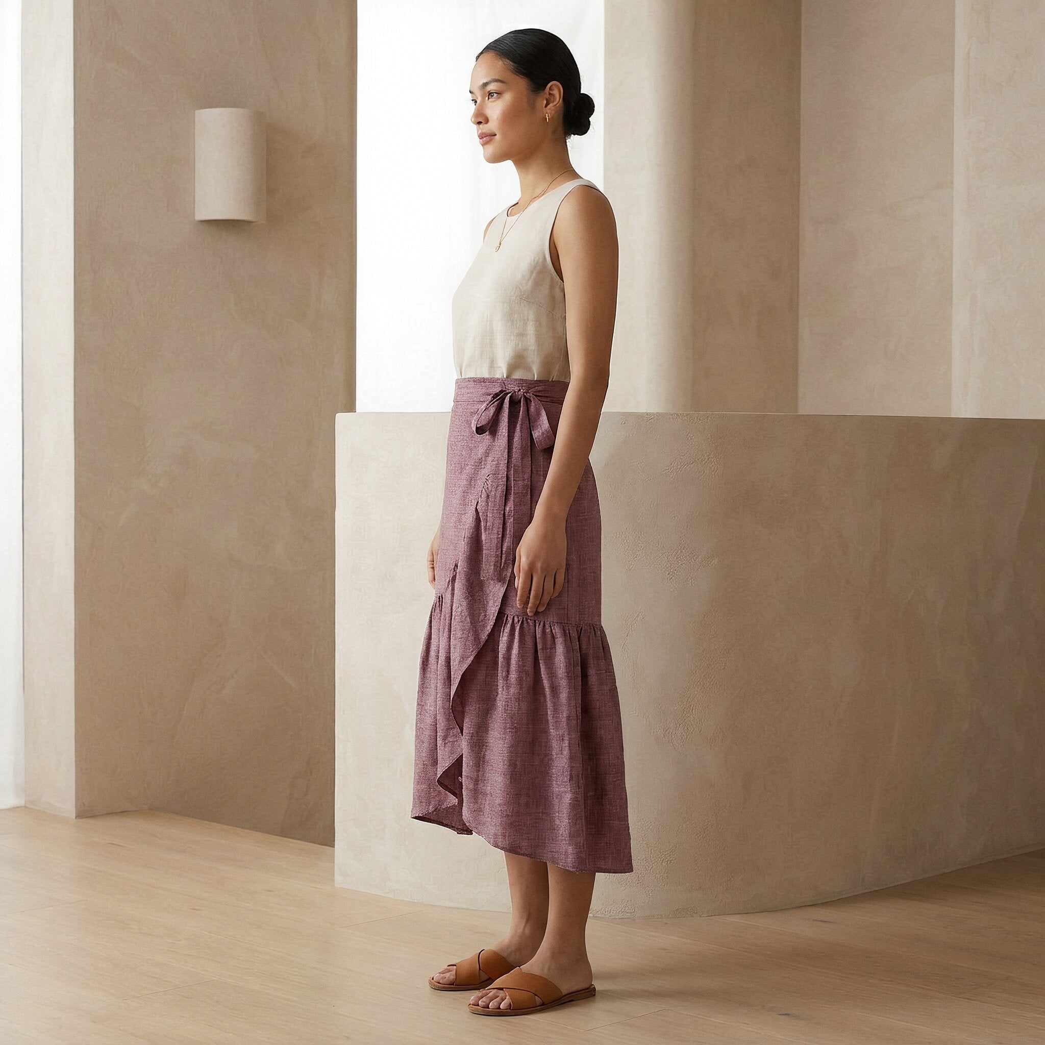 Light Maroon Yarn-Dyed Cotton Ruffle Midi Wrap Skirt