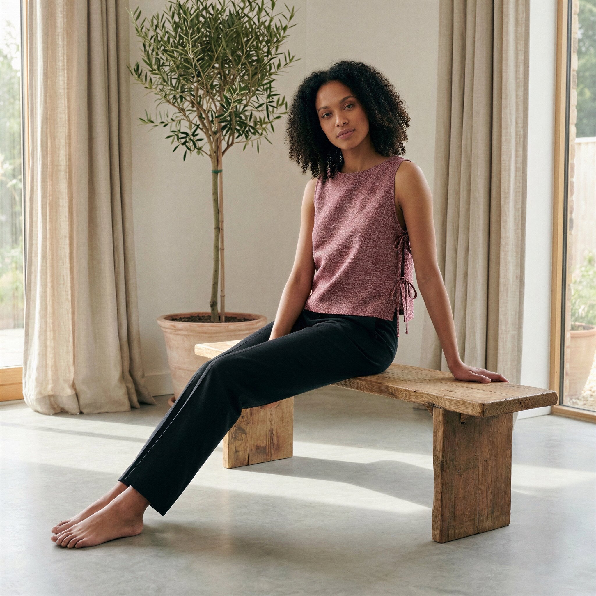 Light Maroon Yarn-Dyed Cotton Sleeveless Side-Tie Top