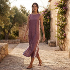 Light Maroon Yarn-Dyed Cotton Wavy Stripe Maxi Shift Dress