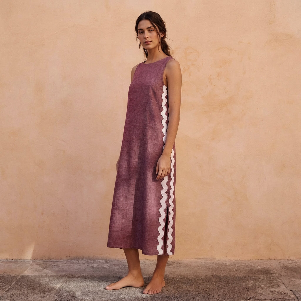 Light Maroon Yarn-Dyed Cotton Wavy Stripe Maxi Shift Dress