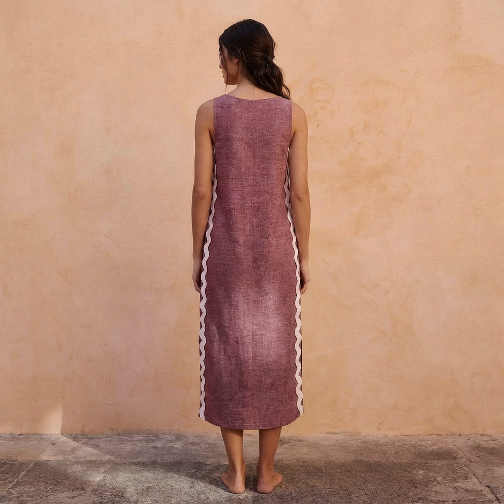 Light Maroon Yarn-Dyed Cotton Wavy Stripe Maxi Shift Dress