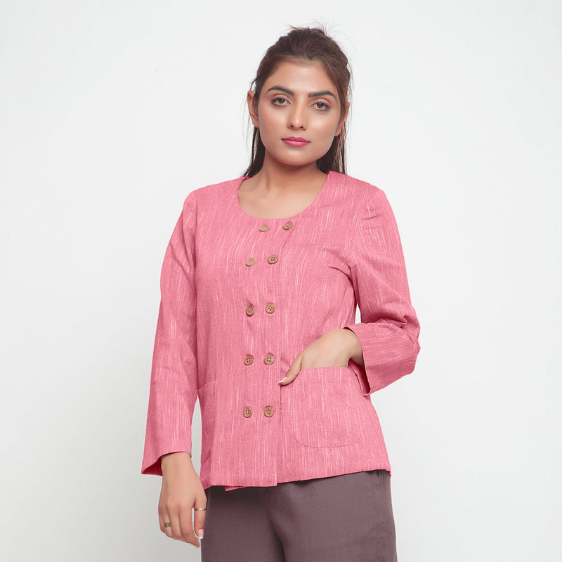 Front View of a Model wearing Light Pink Cotton Flax Button-Down Jacket