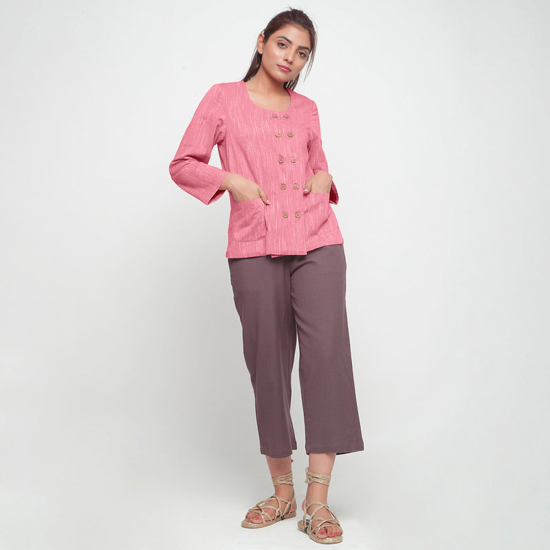 Front View of a Model wearing Light Pink Cotton Flax Button-Down Jacket