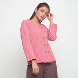 Right View of a Model wearing Light Pink Cotton Flax Button-Down Jacket