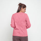 Back View of a Model wearing Light Pink Cotton Flax Button-Down Jacket