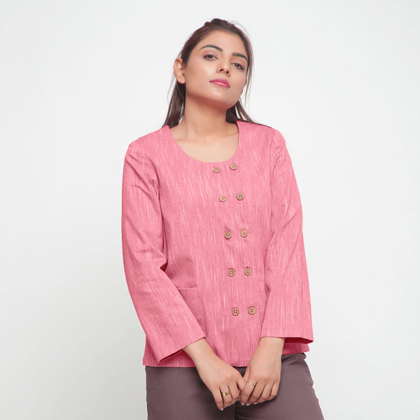 Front View of a Model wearing Light Pink Cotton Flax Button-Down Jacket