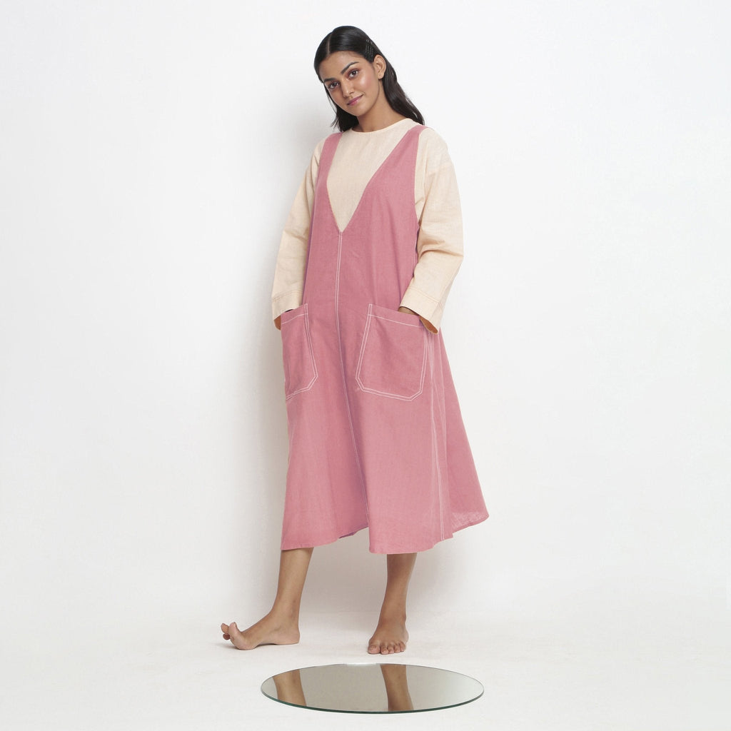 Light Pink Cotton Flax Paneled Midi Shift Dress