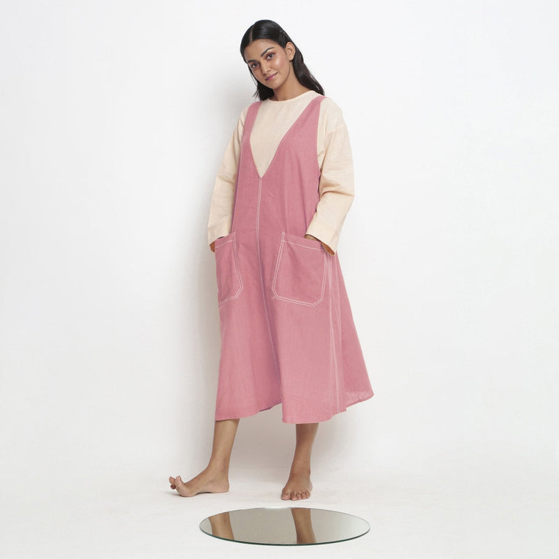 Light Pink Cotton Flax Paneled Midi Shift Dress
