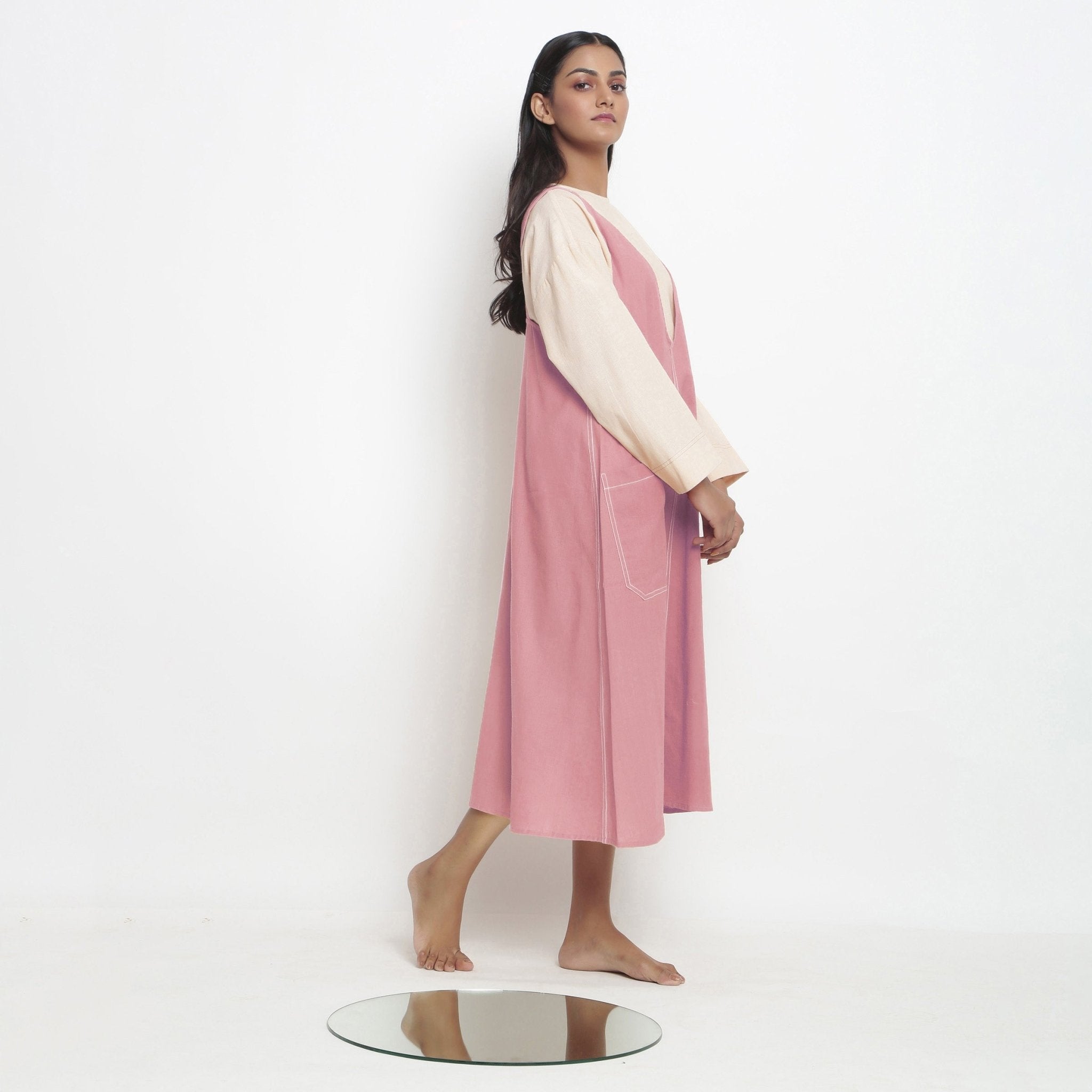Light Pink Cotton Flax Paneled Midi Shift Dress