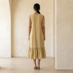 Light Yellow 100% Cotton A-Line V-Neck Sleeveless Maxi Tier Dress