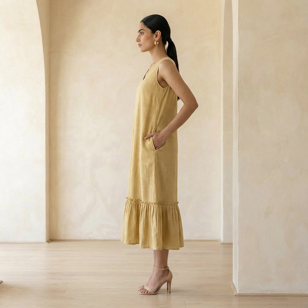 Light Yellow 100% Cotton A-Line V-Neck Sleeveless Maxi Tier Dress