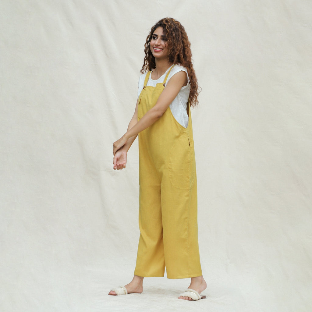 Light Yellow 100% Cotton Ankle Length Dungaree Jumpsuit