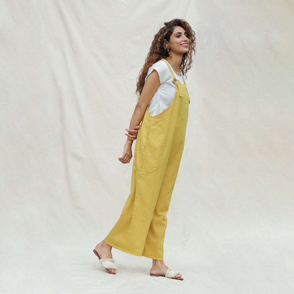 Light Yellow 100% Cotton Ankle Length Dungaree Jumpsuit