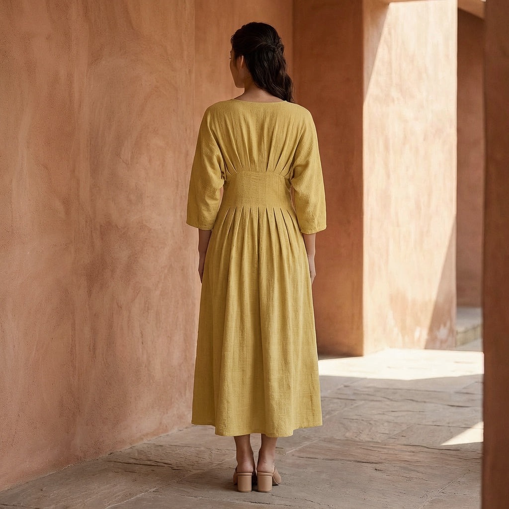 Light Yellow 100% Cotton Cinched Waist Flared Maxi Dress