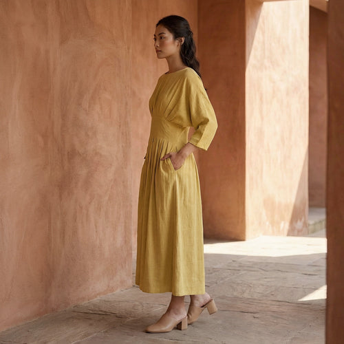 Light Yellow 100% Cotton Cinched Waist Flared Maxi Dress
