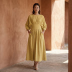 Light Yellow 100% Cotton Cinched Waist Flared Maxi Dress