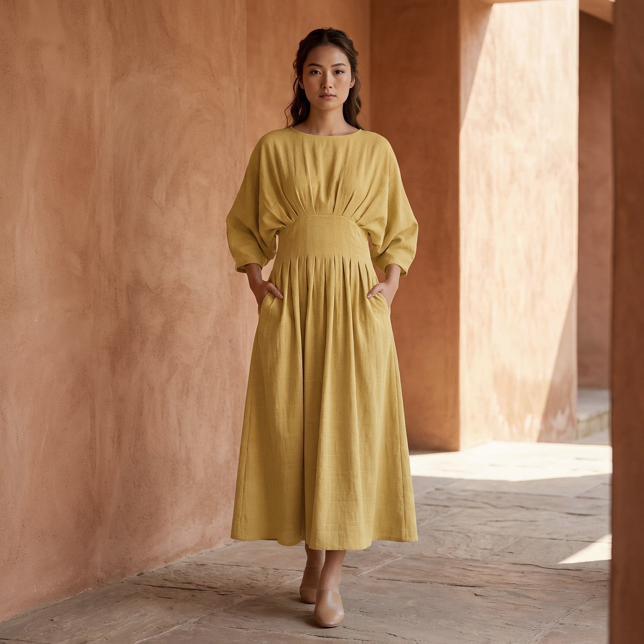 Light Yellow 100% Cotton Cinched Waist Flared Maxi Dress