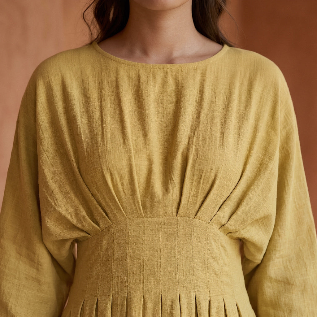 Light Yellow 100% Cotton Cinched Waist Flared Maxi Dress