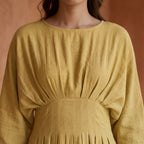 Light Yellow 100% Cotton Cinched Waist Flared Maxi Dress