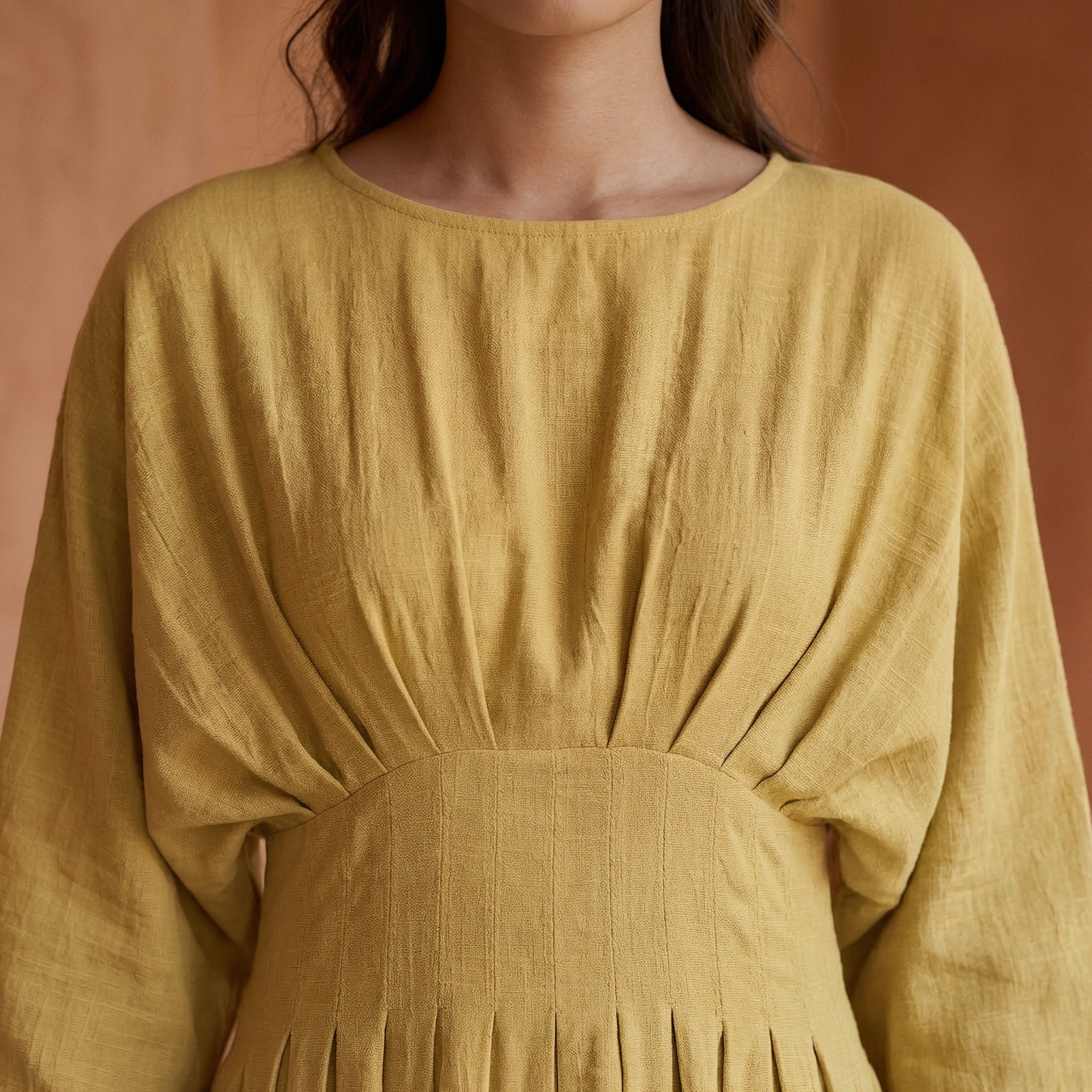Light Yellow 100% Cotton Cinched Waist Flared Maxi Dress