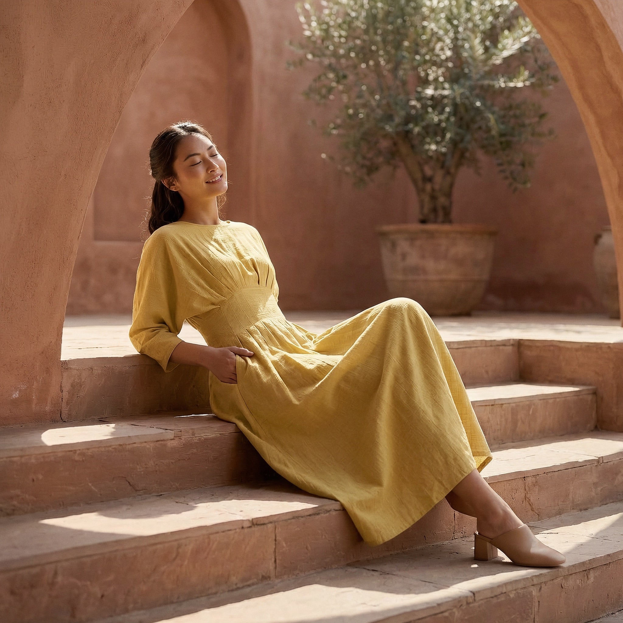Light Yellow 100% Cotton Cinched Waist Flared Maxi Dress