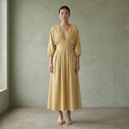 Light Yellow 100% Cotton Deep-V Neck Empire Waist Maxi Dress