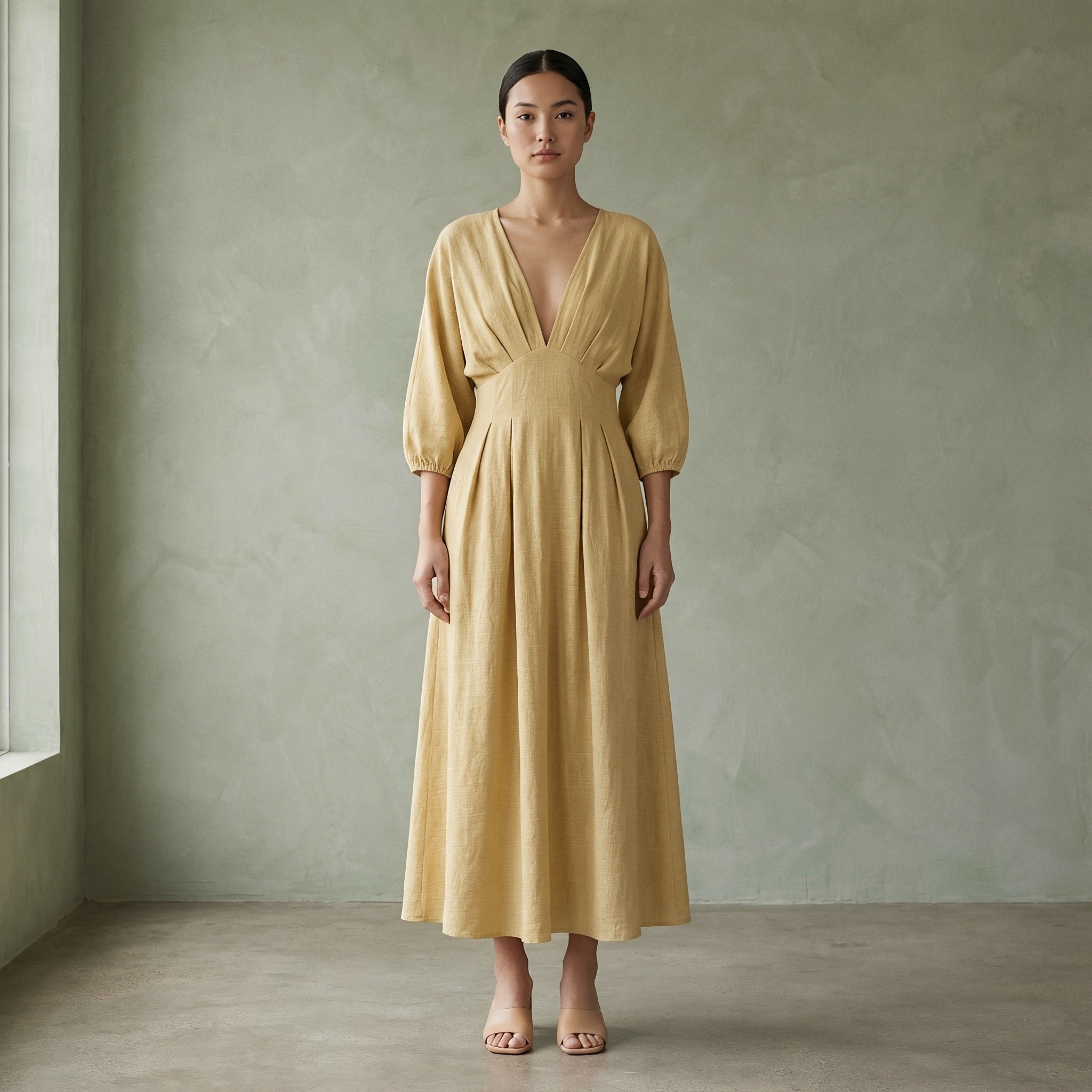 Light Yellow 100% Cotton Deep-V Neck Empire Waist Maxi Dress