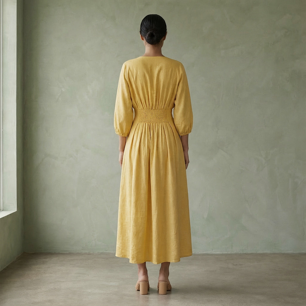 Light Yellow 100% Cotton Deep-V Neck Empire Waist Maxi Dress