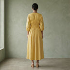 Light Yellow 100% Cotton Deep-V Neck Empire Waist Maxi Dress