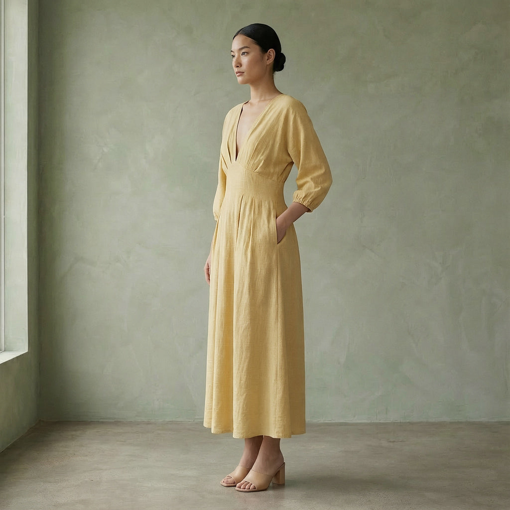 Light Yellow 100% Cotton Deep-V Neck Empire Waist Maxi Dress