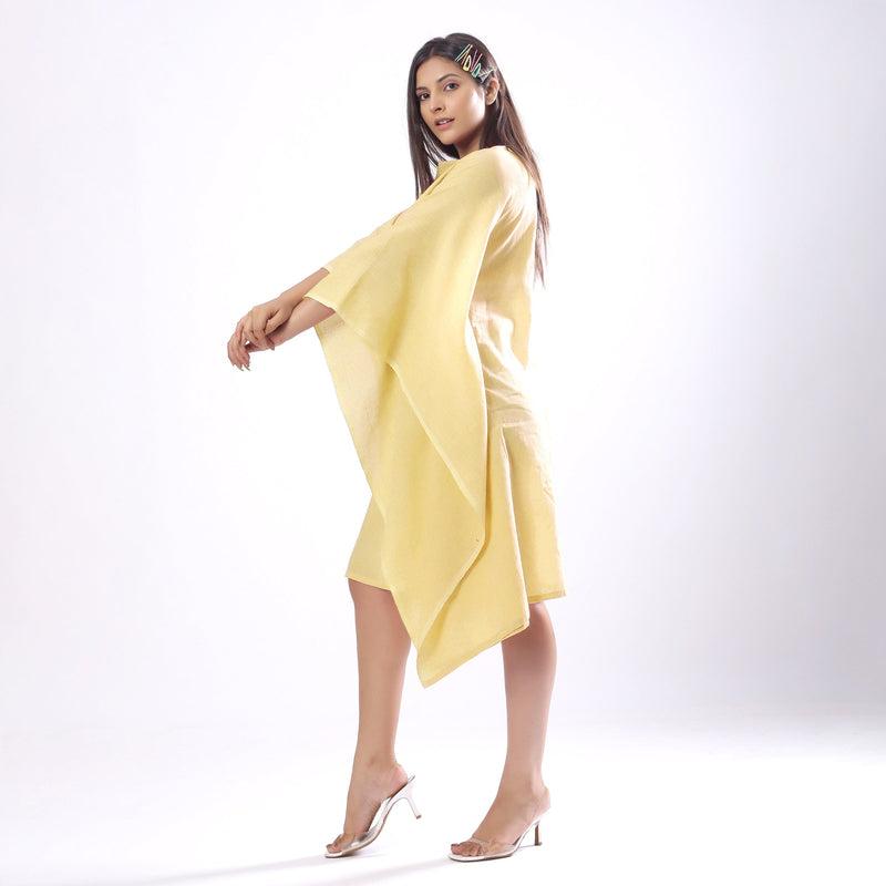 Left View of a Model wearing Light Yellow 100% Cotton Kaftan