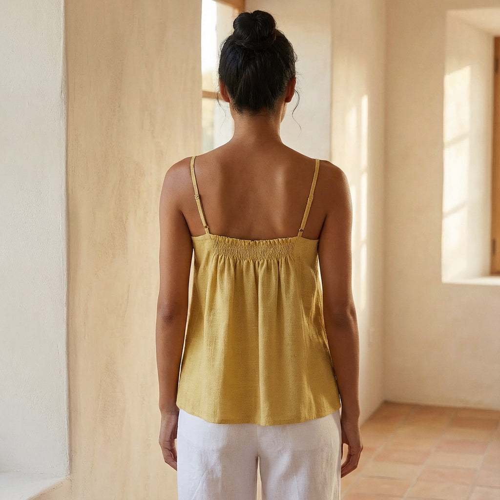 Light Yellow 100% Cotton Spaghetti Strap Top with Elastic Gathered Back