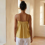 Light Yellow 100% Cotton Spaghetti Strap Top with Elastic Gathered Back