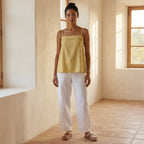 Light Yellow 100% Cotton Spaghetti Strap Top with Elastic Gathered Back