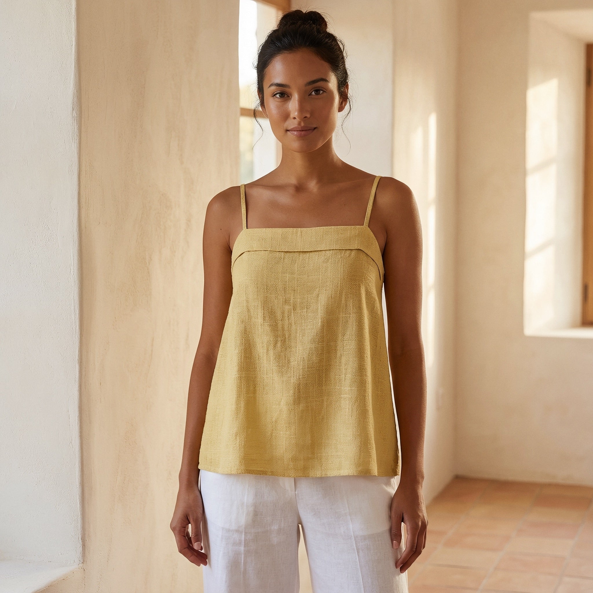 Light Yellow 100% Cotton Spaghetti Strap Top with Elastic Gathered Back