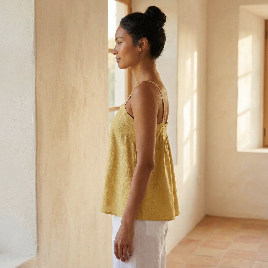 Light Yellow 100% Cotton Spaghetti Strap Top with Elastic Gathered Back