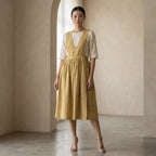 Light Yellow 100% Cotton V-Neck Pinafore Midi Wrap Dress