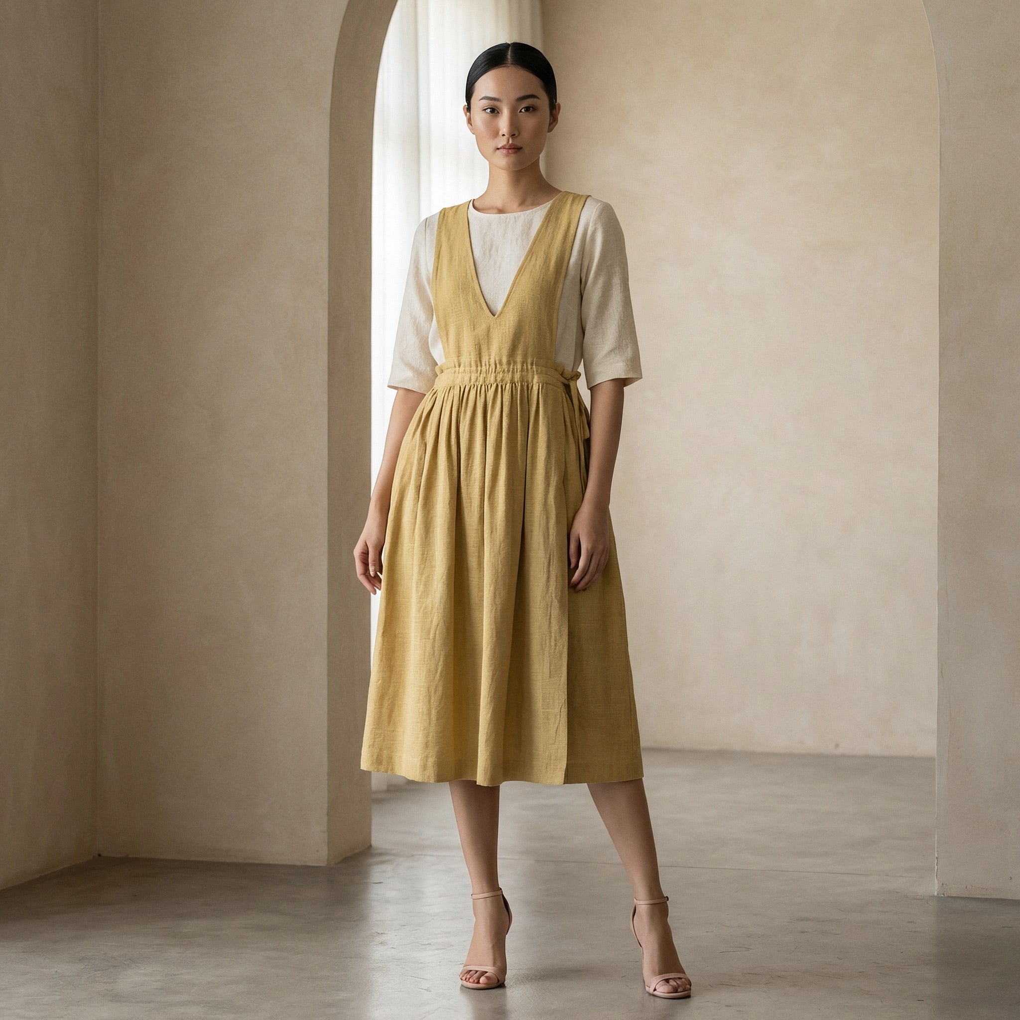 Light Yellow 100% Cotton V-Neck Pinafore Midi Wrap Dress